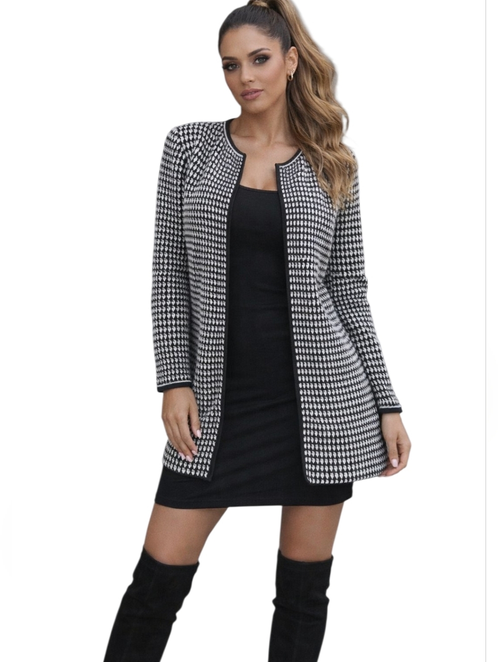 Talbots Black and White Houndstooth Open Front Blazer